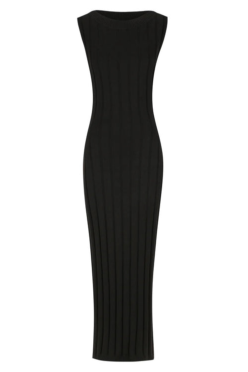 High Neck Ribbed Knit Dress - Black