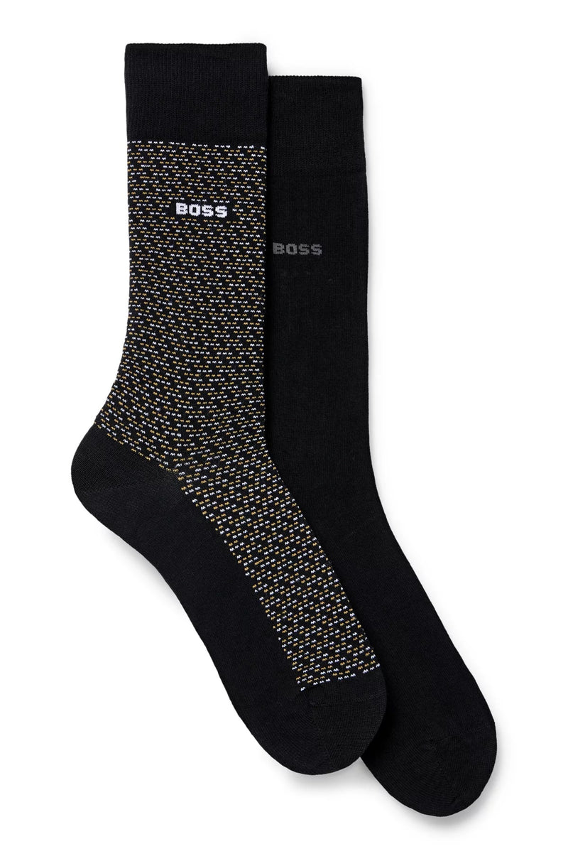 Two Pack Fine Cotton Socks - Solid Black/Pattern