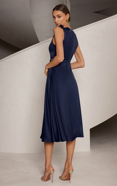 navy satin midi dress Satin A Line Midi Dress