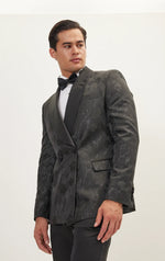 Double Breasted Floral Jacquard Tuxedo - Black