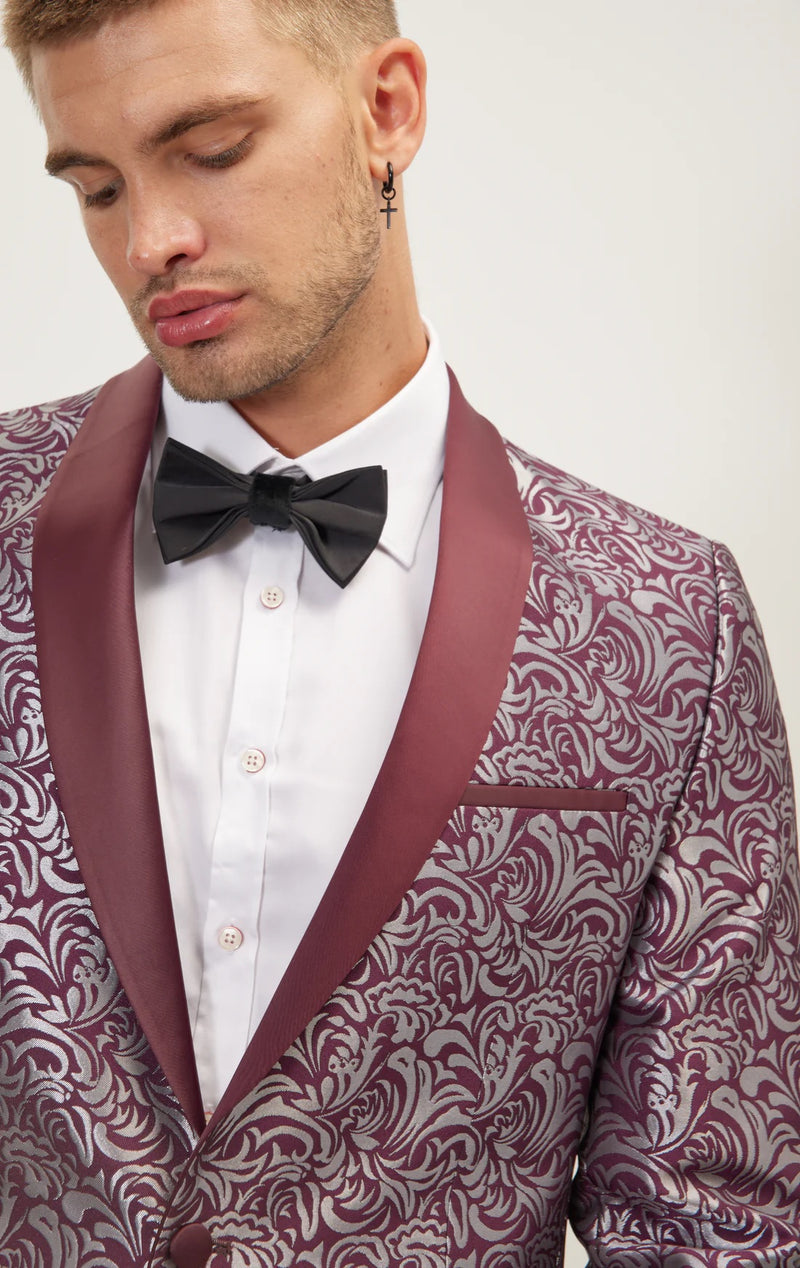 Floral Paisley Shawl Lapel Tuxedo - Burgundy