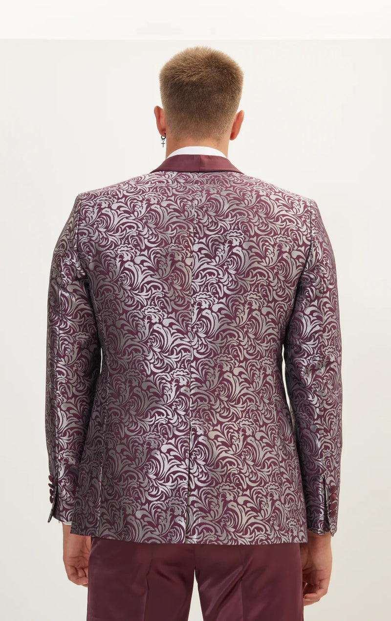Floral Paisley Shawl Lapel Tuxedo - Burgundy