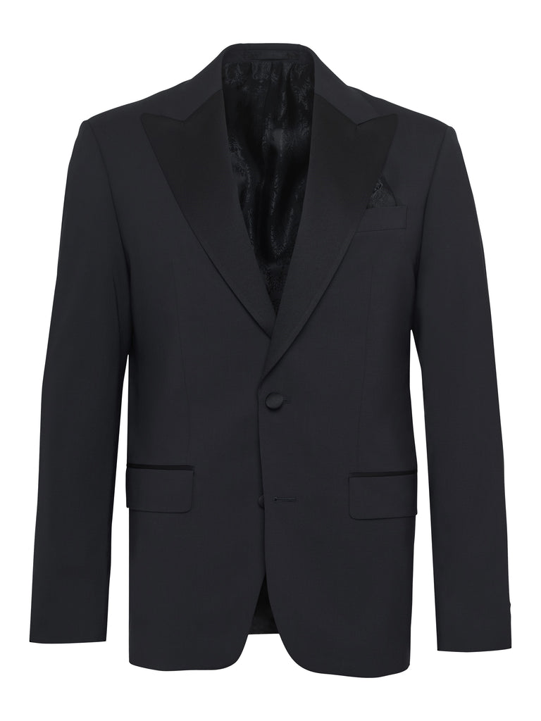 Italian Virgin Wool Peak Tuxedo with Satin Trim - Black
