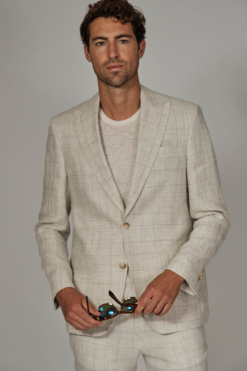 Italian Linen Check Peak Blazer - Light Grey