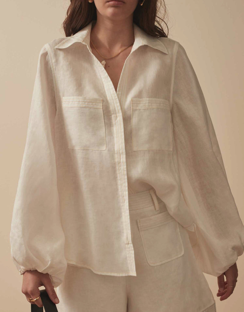 Linen Top with Stitch Detailing - White