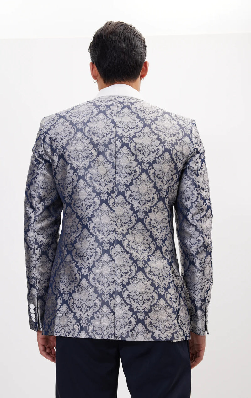 Ornate Floral Jacquard Tuxedo - Navy/Grey/White