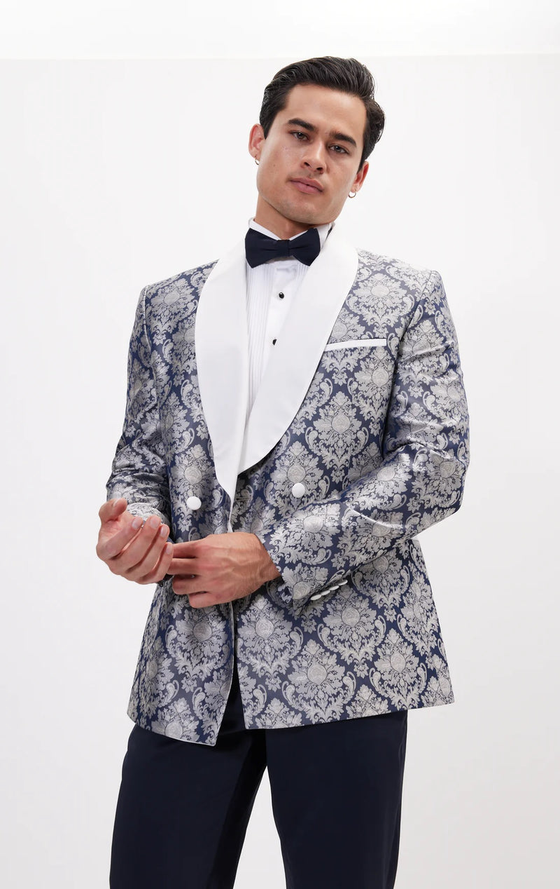 Ornate Floral Jacquard Tuxedo - Navy/Grey/White