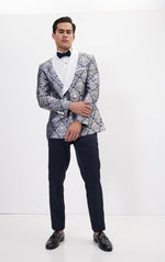 Ornate Floral Jacquard Tuxedo - Navy/Grey/White