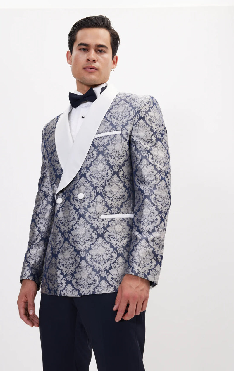 Ornate Floral Jacquard Tuxedo - Navy/Grey/White