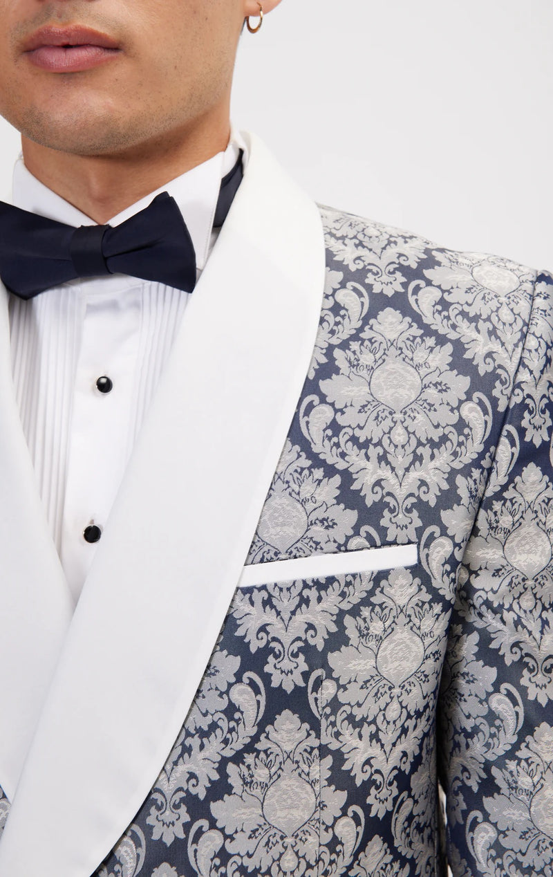 Ornate Floral Jacquard Tuxedo - Navy/Grey/White