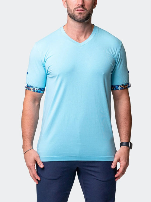 V-Neck T-Shirt with Cuff Detail - Light Blue