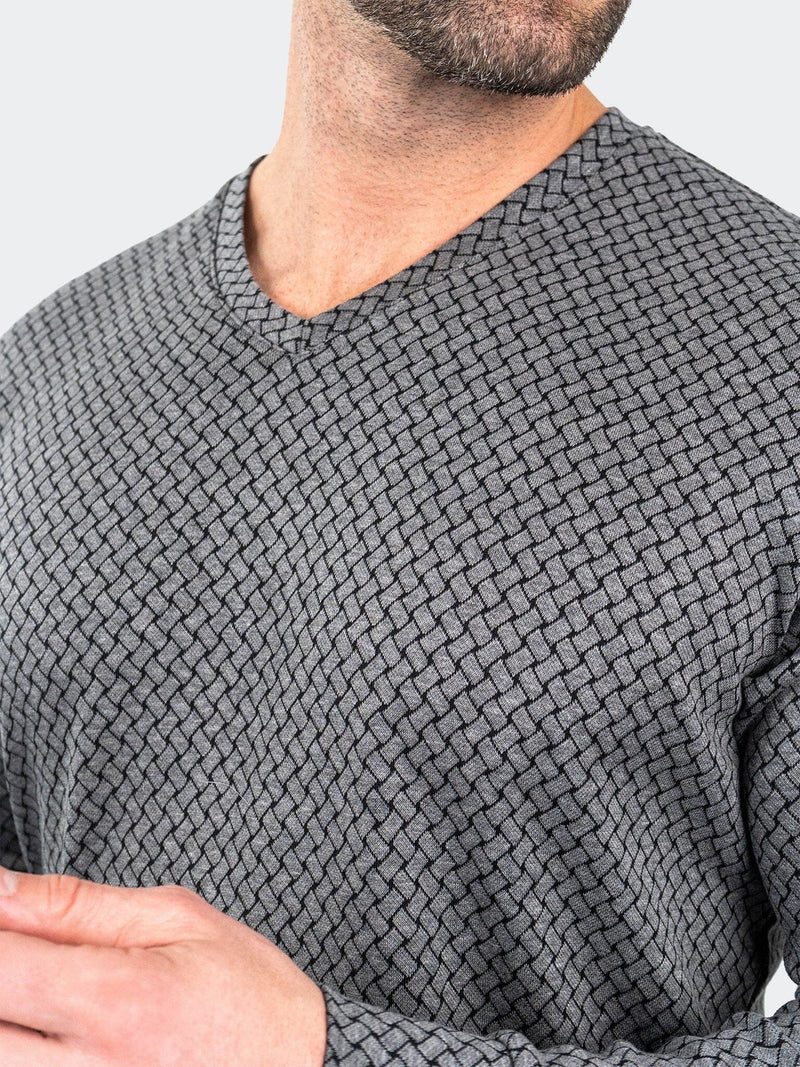 Printed V-Neck Knit Long Sleeve - Grey