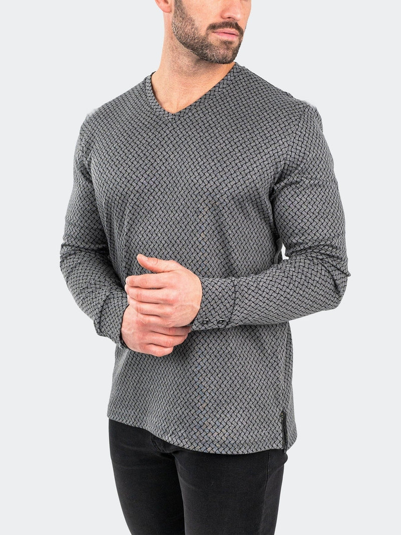 Printed V-Neck Knit Long Sleeve - Grey