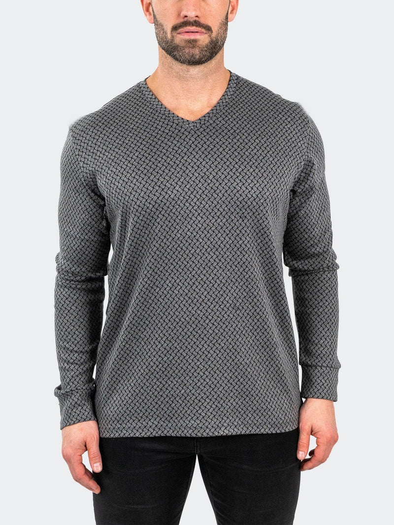 Printed V-Neck Knit Long Sleeve - Grey