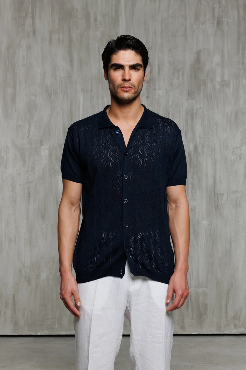 Button Down Knit Short Sleeve - Navy
