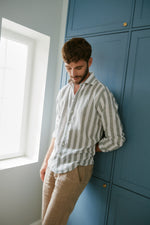 Modern Fit | Striped Linen Long Sleeve Shirt - Green/White