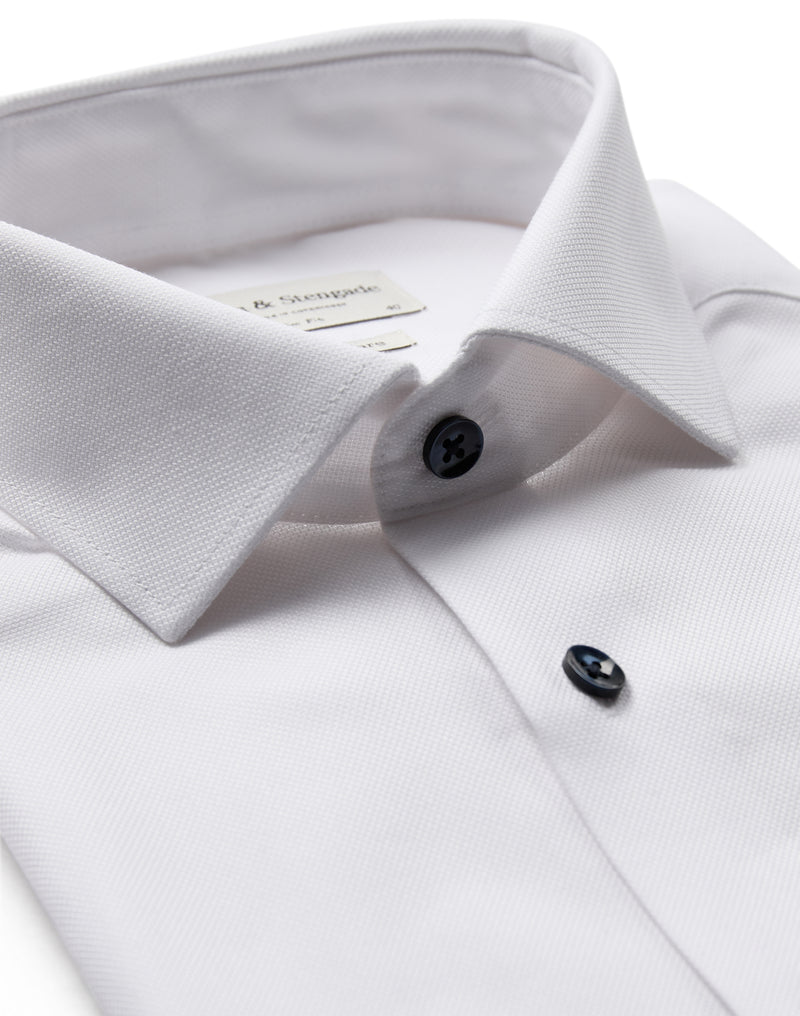 Slim Fit | Solid Textured Long Sleeve Shirt with Navy Buttons - White