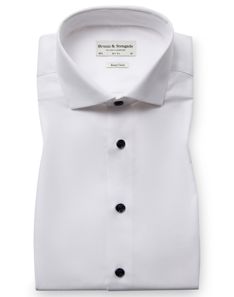 Slim Fit | Solid Textured Long Sleeve Shirt with Navy Buttons - White