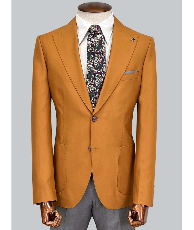 Contrast Suit with Peak Lapel - Tan/Grey