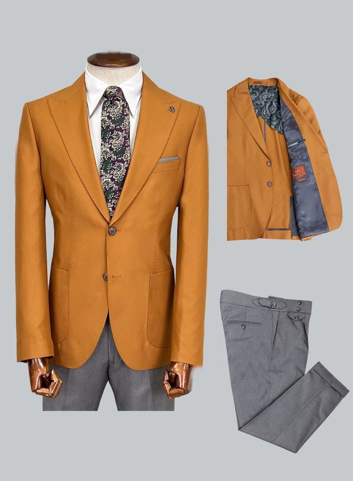 Contrast Suit with Peak Lapel - Tan/Grey