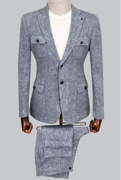 Linen Safari Suit - Grey/Blue