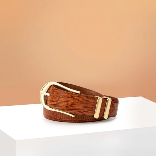 Lizard Textured Leather Belt - Cognac
