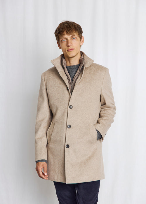 Wool Coat with Removable Vest Insert - Light Brown