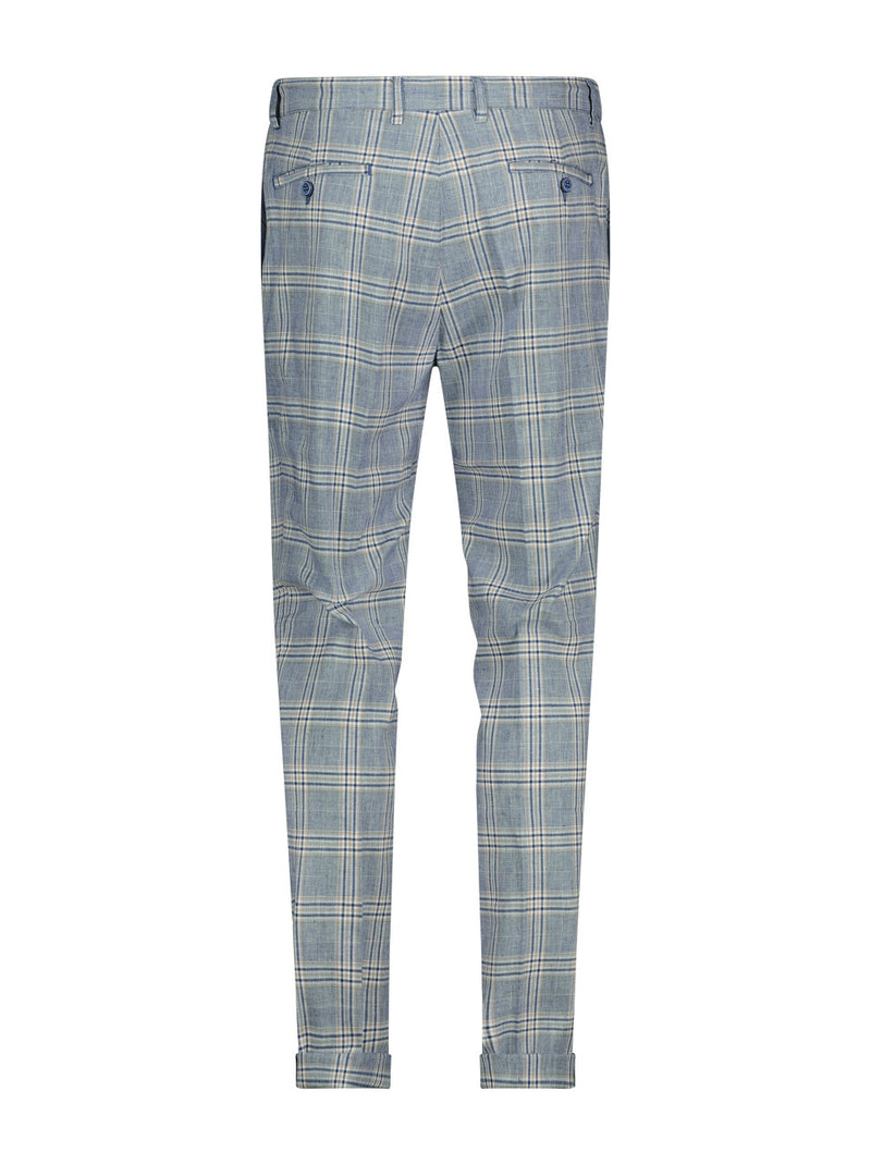 Linen Cotton Big Check Trousers - Denim Blue