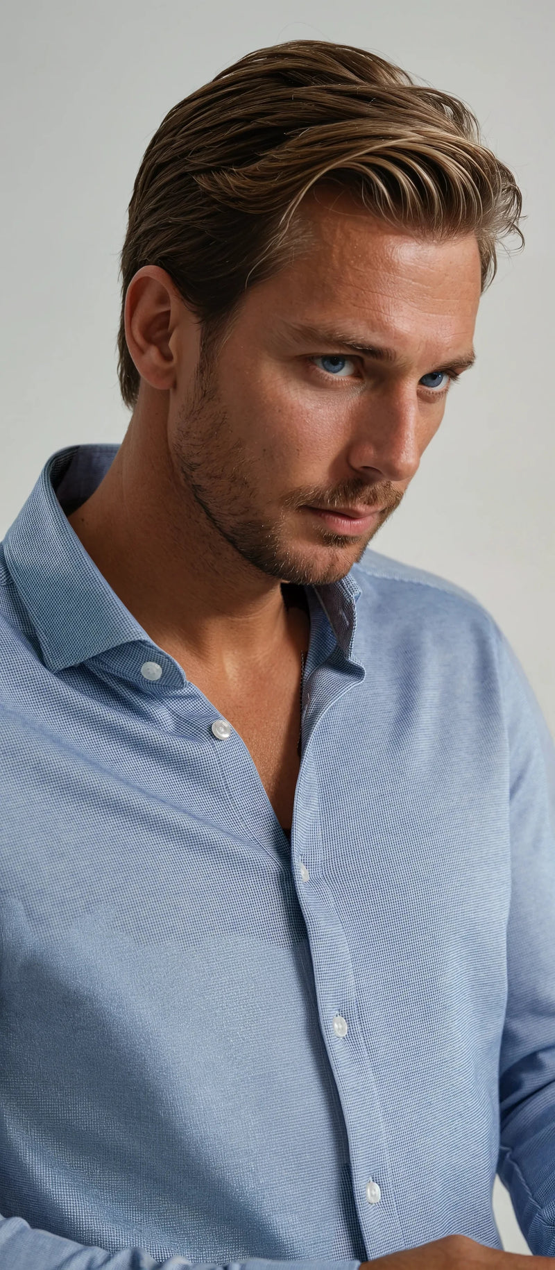 Pique Textured Long Sleeve Shirt - Blue