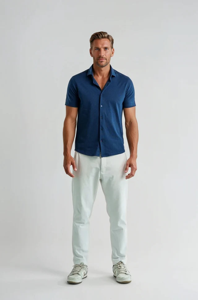 Dry Touch | Pique Textured Short Sleeve Shirt - Navy