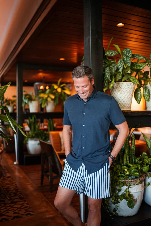 Dry Touch | Pique Textured Short Sleeve Shirt - Navy