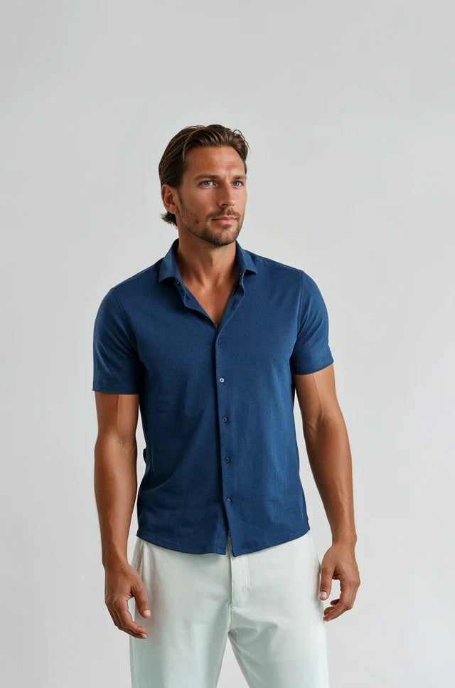 Dry Touch | Pique Textured Short Sleeve Shirt - Navy