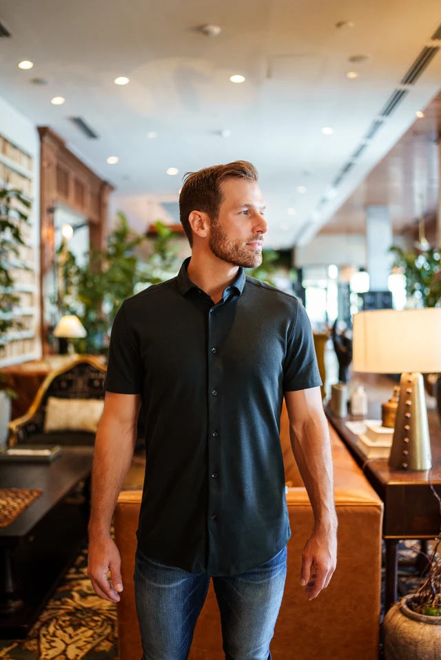 Dry Touch | Pique Textured Short Sleeve Shirt - Black