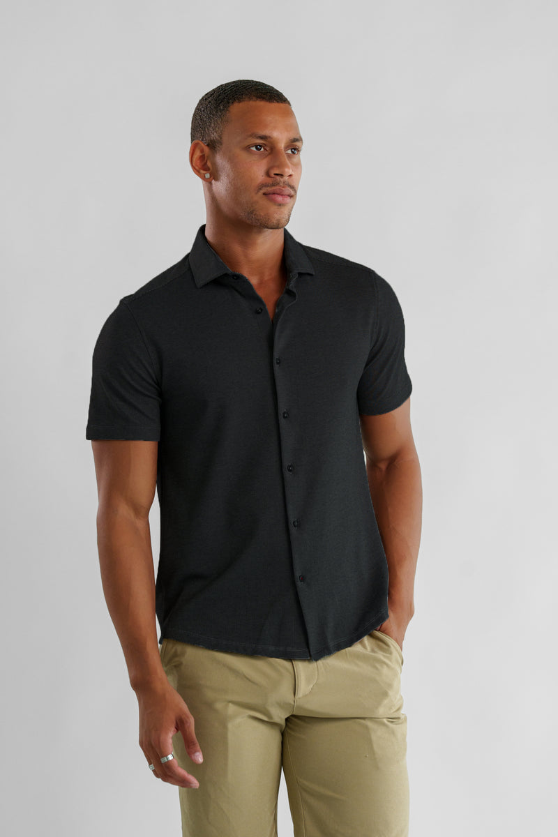 Dry Touch | Pique Textured Short Sleeve Shirt - Black