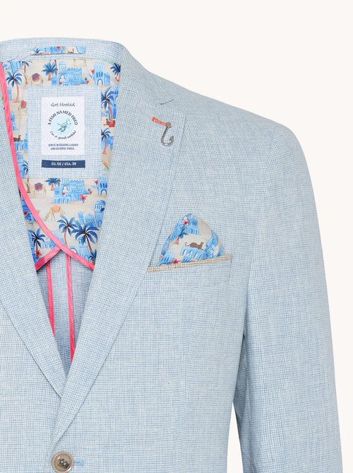 Half Lined Mini Check Linen Blazer - Light Blue