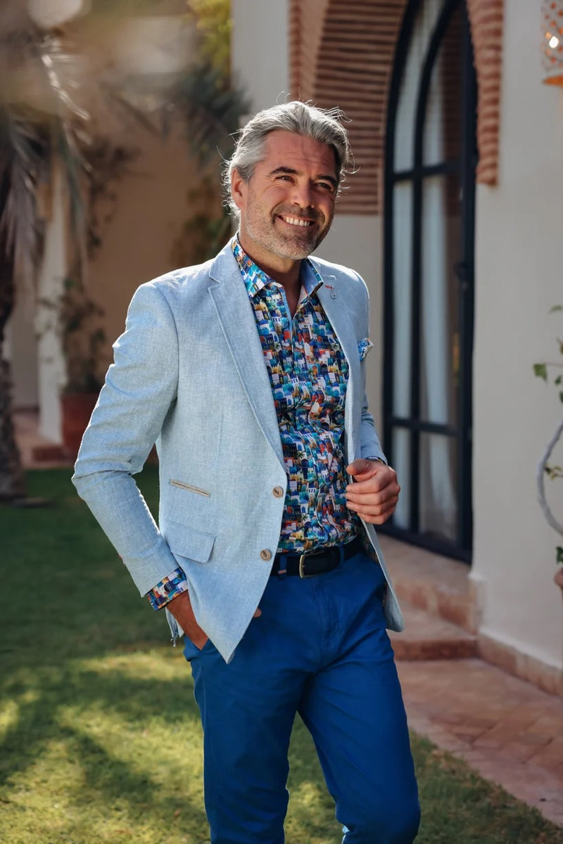 Half Lined Mini Check Linen Blazer - Light Blue