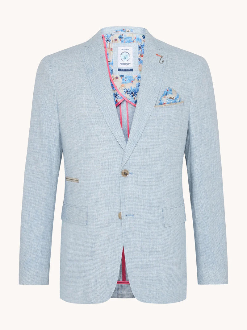 Half Lined Mini Check Linen Blazer - Light Blue