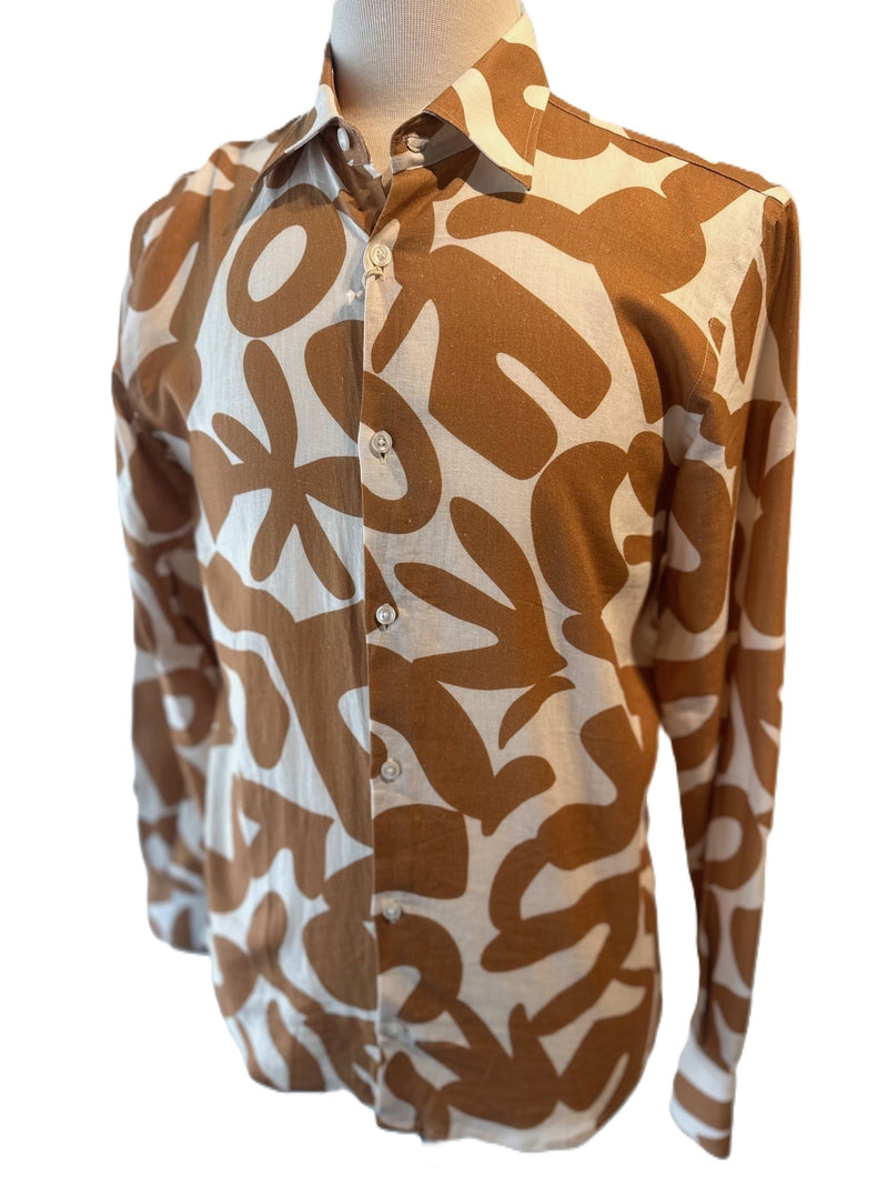 Bold Print Long Sleeve Shirt - Tan/ Off White
