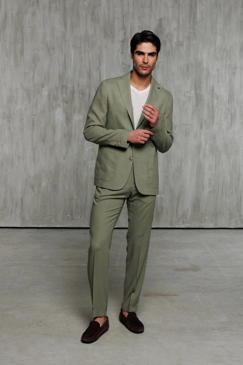 Linen Patch Pocket Suit - Olive Green