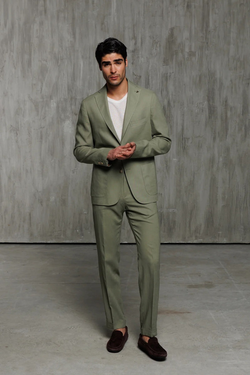 Linen Patch Pocket Suit - Olive Green