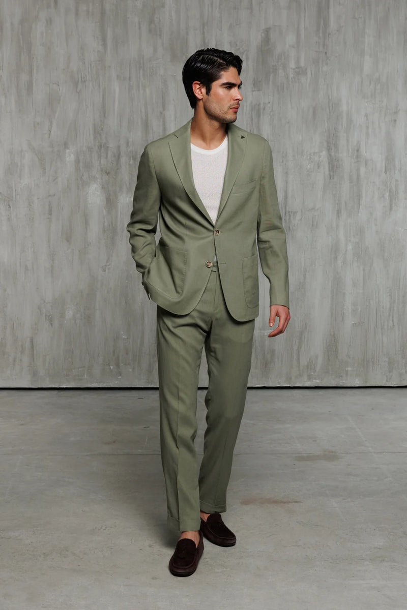 Linen Patch Pocket Suit - Olive Green