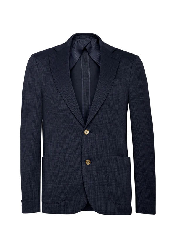 Virgin Wool Cotton Jersey Check Blazer - Dark Navy