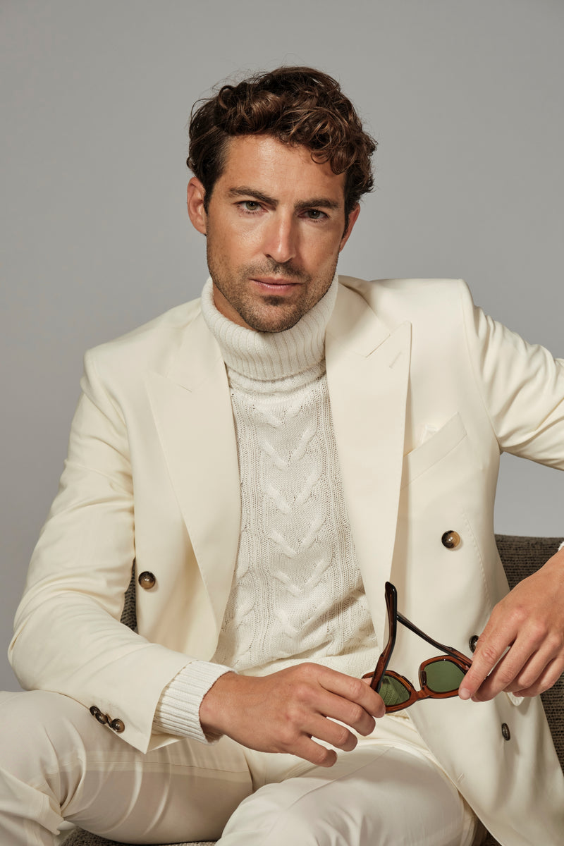 Italian Virgin Wool Double Breasted Peak Suit - Off White