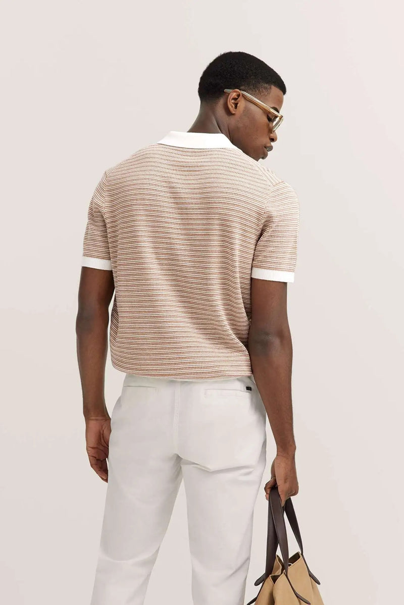 Textured Open Neck Polo - Beige