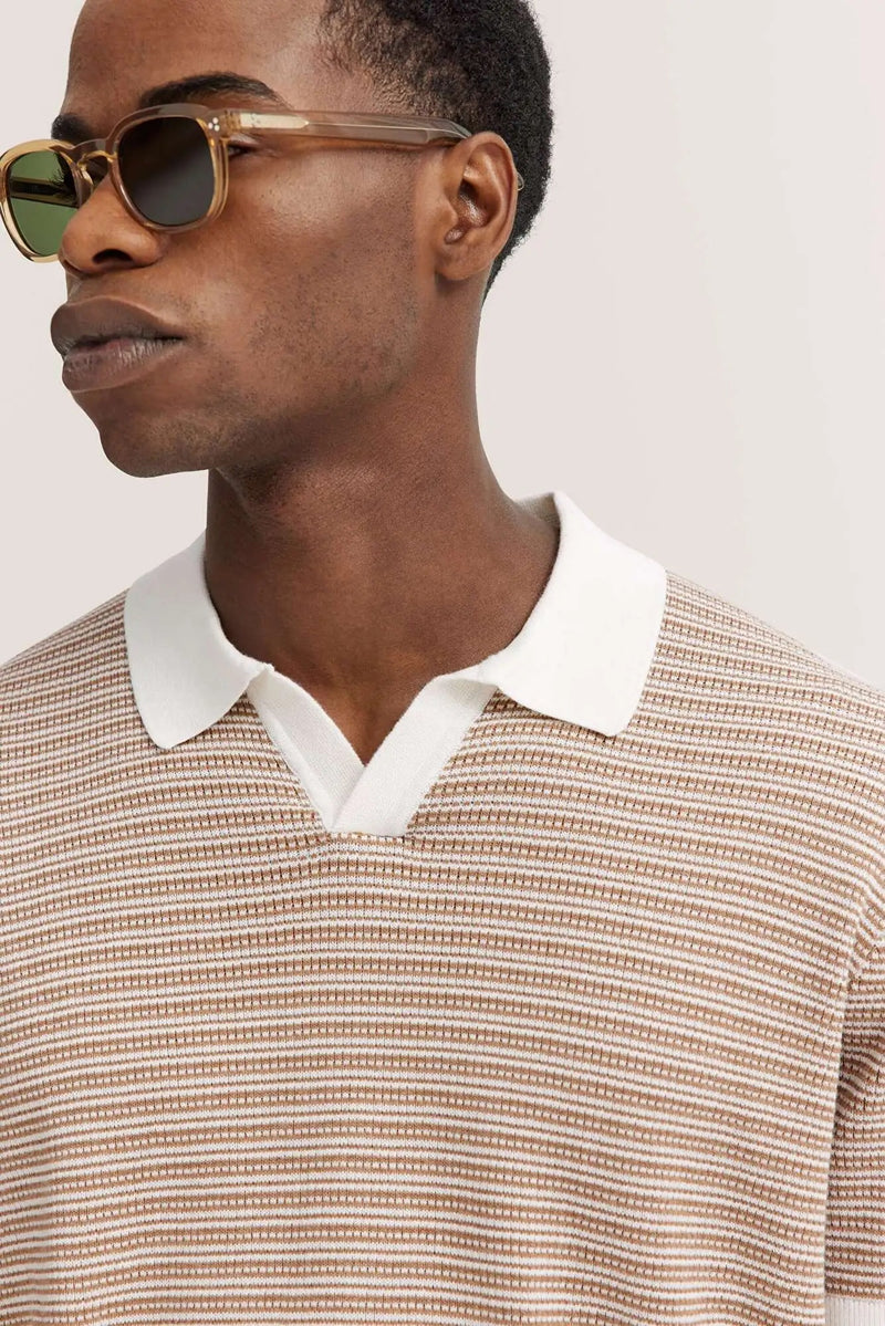 Textured Open Neck Polo - Beige