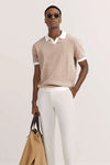 Textured Open Neck Polo - Beige