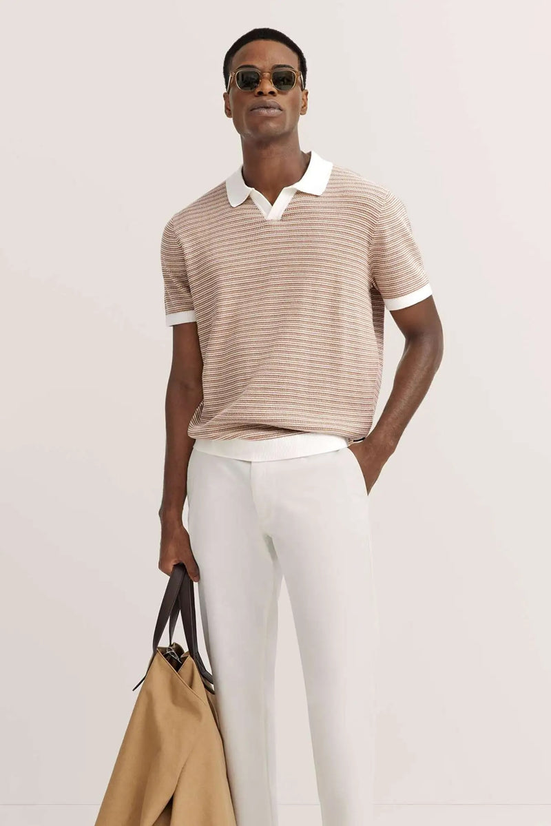 Textured Open Neck Polo - Beige