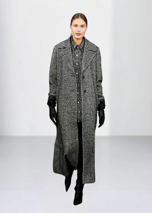 Soft Boucle Herringbone Peak Coat - Black/White