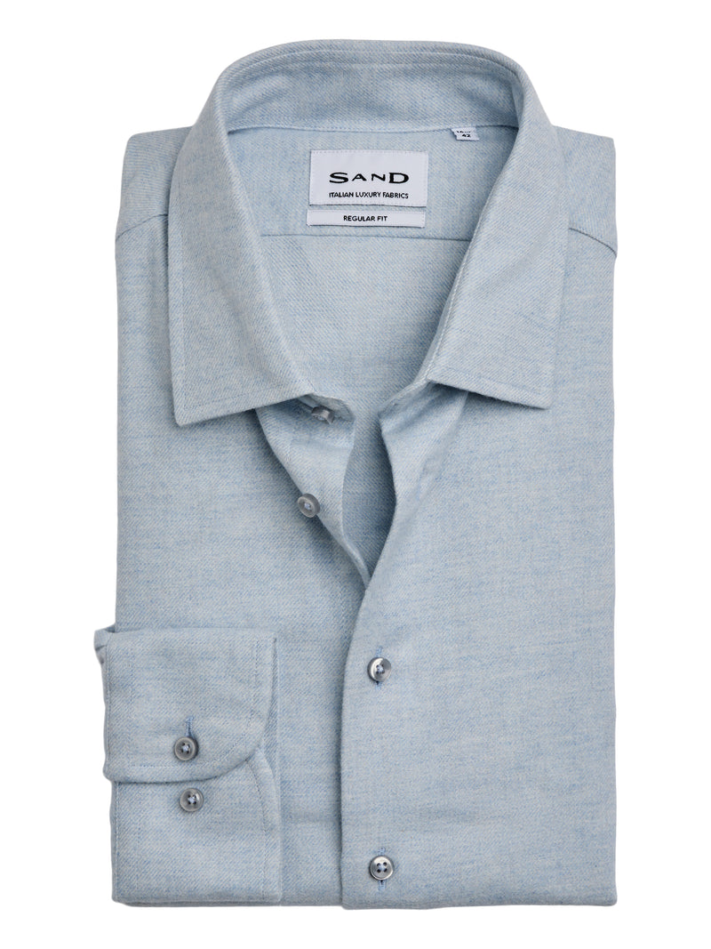 Fine Brushed Twill Cotton Long Sleeve Shirt - Light Blue