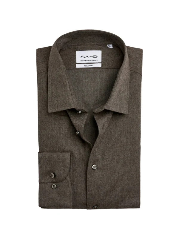 Brushed Cotton Twill Long Sleeve Shirt - Dark Brown